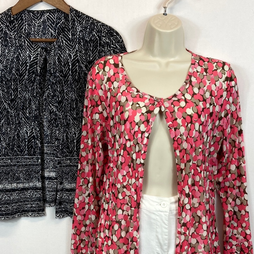 2/$14 lot Pink Multi-Color Polka Dot Cardigan Top + free blk/white top Sz M & PM